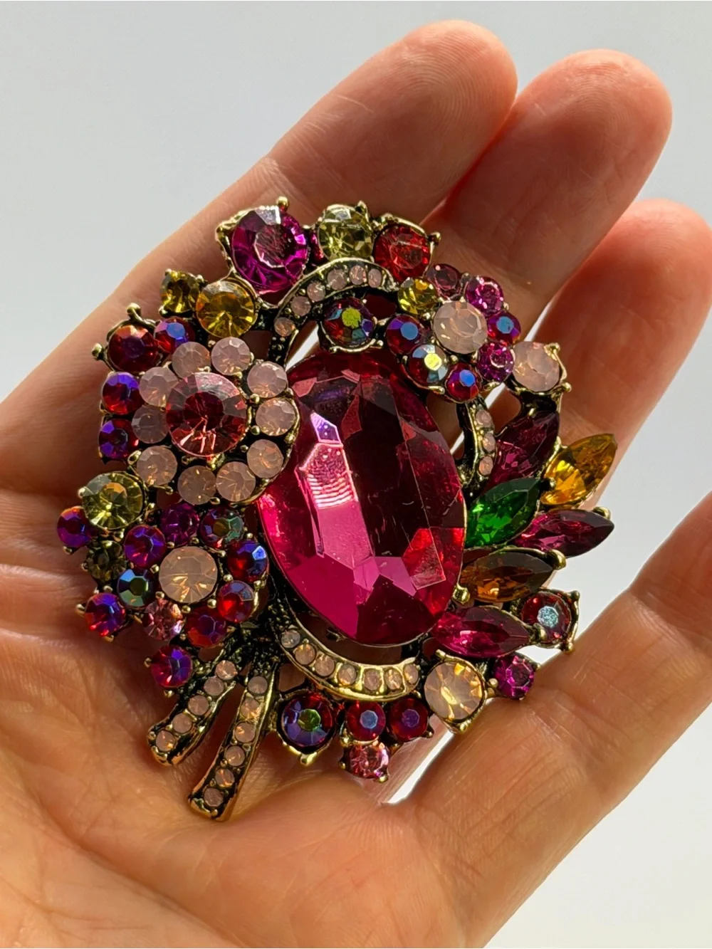 Bold Pink Crystal Statement Brooch - Multicolor Floral Design